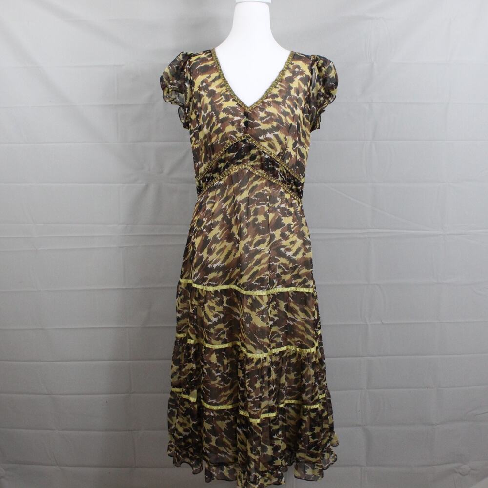 Vintage Y2K Molato Dress Small Animal Print Midi Tiered Beaded Boho Feminine Chi